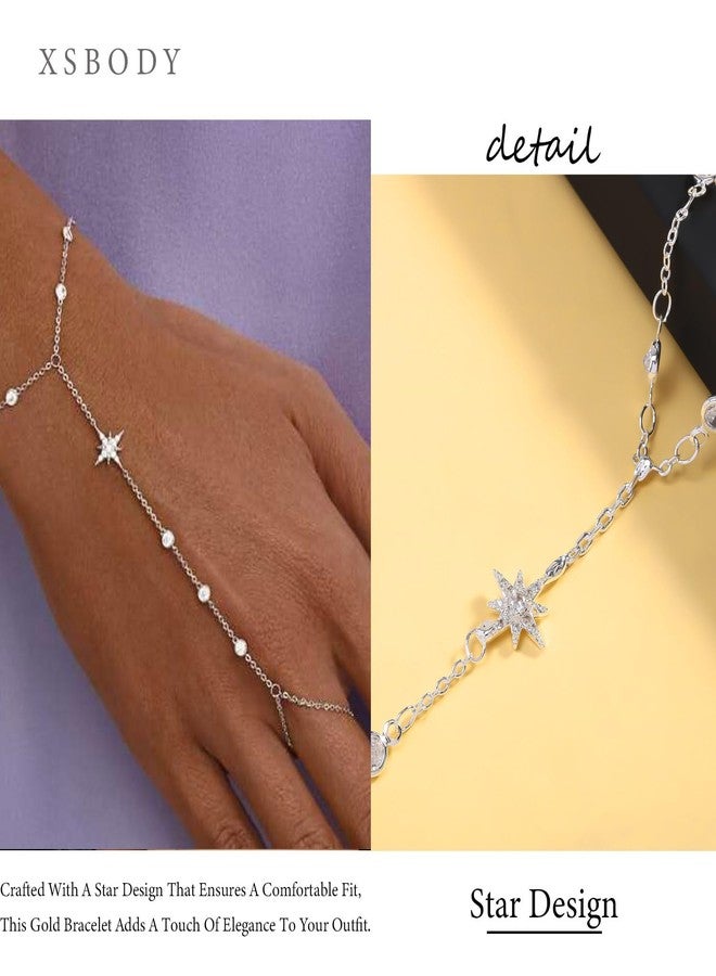 XSBODY Ring Hand Chain Bracelet Silver, Star non Tarnish Star Jewelry Trendy Dainty Bracelets Hand Chain Finger Ring Slave Bracelet for Women Wedding Cubic Zircon Stackable Accessories - Image 4